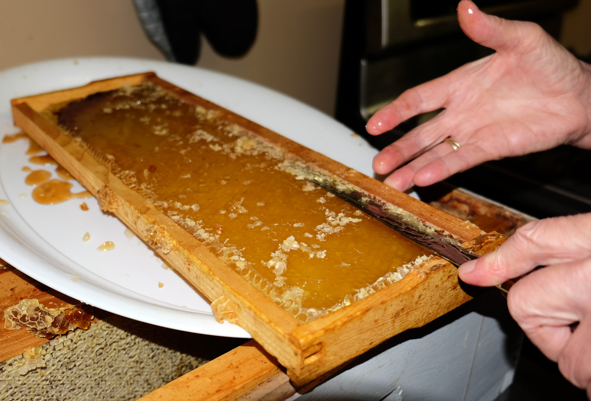 The wax that sealed each cell is carefully removed.