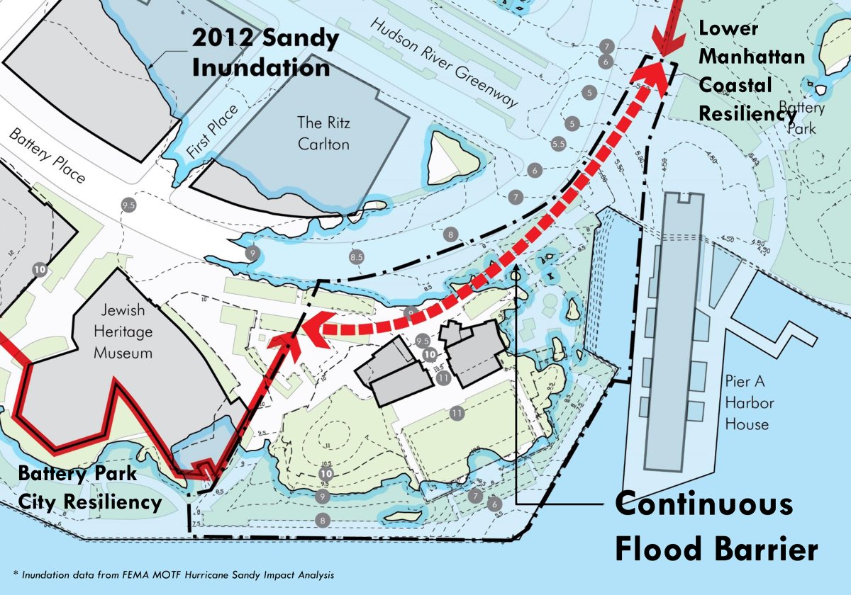 Wagner wrangling: CB1 committee pushes back on proposals for BPC’s backyard 1 Map by Kevin McCabe This map shows the extent of flooding in Wagner Park during 2012’s Hurricane Sandy, and the location of a possible new barrier that may prevent a recurrence.