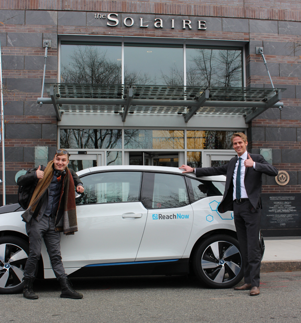 Photo by Bill Egbert Downtown Express reporter Colin Mixson, at left, took one of the Solaire’s BMW i3 Series electric cars for a spin around Lower Manhattan with BMW Master of Science Marvin Pueth, at right.
