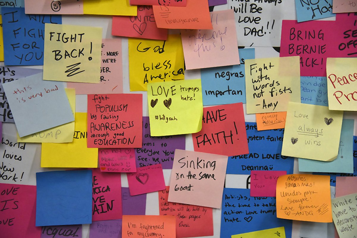 Looking for solutions: Some of the thousands of post-its on the post-election “Subway Therapy” wall in the Union Square station. NYC Transit recently ordered that the sticky notes had to go, and several thousand were collected by the New-York Historical Society for its collection. Villager photo by Bob Krasner