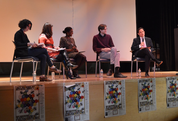  The Anti-Violence Project's Yasmin Safdié, Meg Barnette of Planned Parenthood, Rashida Richardson from the New York Civil Liberties Union, and Make the Road New York's Daniel Altshculer join Councilmember Dan Garodnick at the December 8 New York values town hall meeting. | JACKSON CHEN 