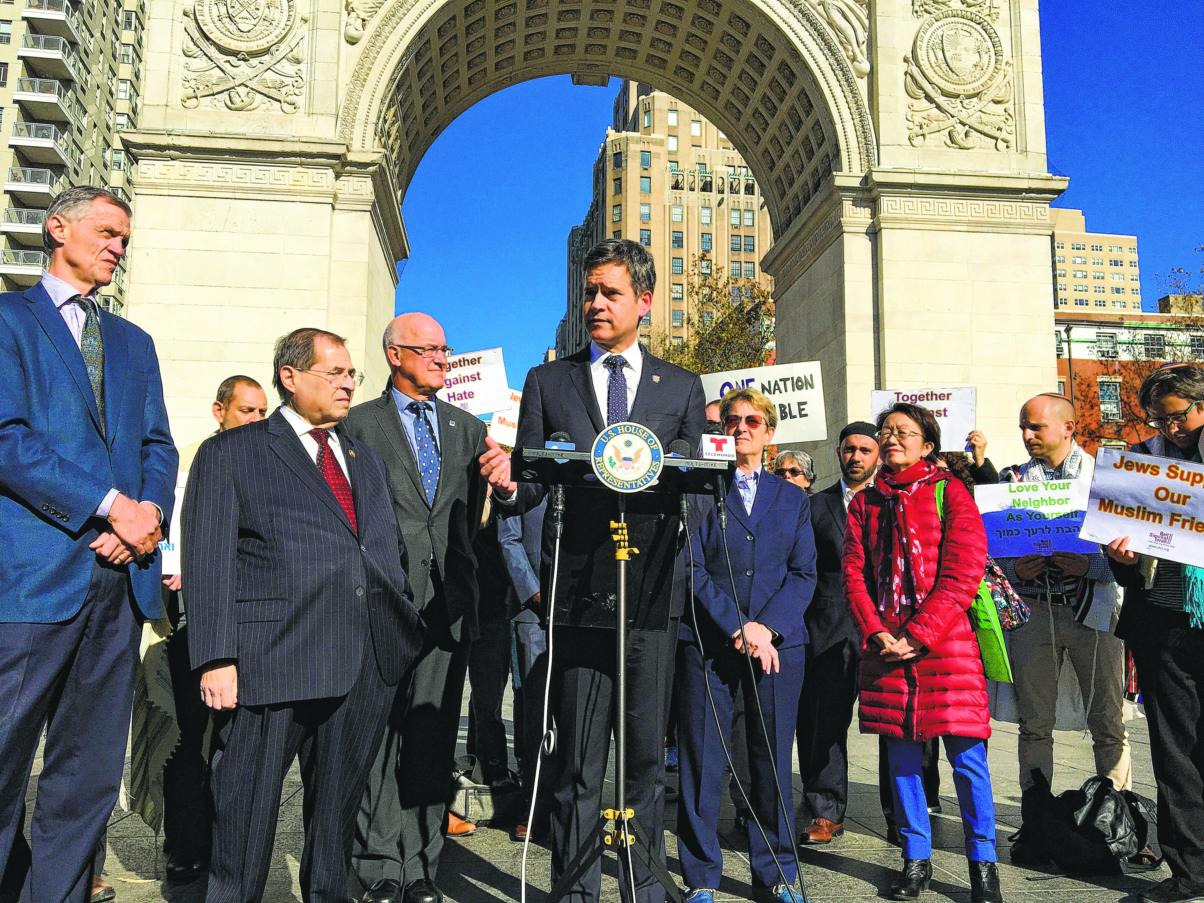 Office of State Sen. Brad Hoylman State Sen. Brad Hoylman, center, led a press conference in Washington Square with fellow local politicians, faith leaders and university presidents on Nov. 17 to decry the recent spate of hateful graffiti and messages around the West Village and on two of its university campuses. Hoylman and his family have been viciously targeted on Twitter by right-wingers, an elevator in his building was defaced with swastikas (below) and, three days after the this press conference, he received a packet of anti-Semitic hate mail.