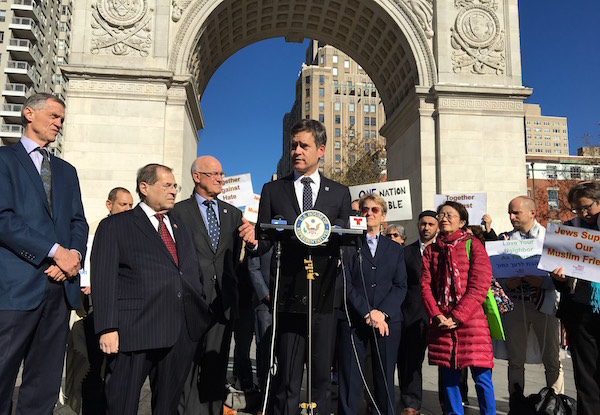 State Senator Brad Hoylman is joined by Congressmember Jerrold Nadler, State Assemblymember Deborah Glick, and City Councilmember Margaret Chin in a Washington Square press conference denouncing the recent spike in hate crimes. | OFFICE STATE SENATOR BRAD HOYLMAN