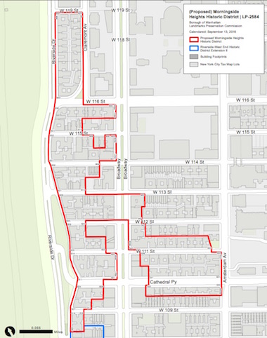 A map detailing the boundaries of the proposed Morningside Heights Historic District. | NYC LANDMARKS PRESERVATION COMMISSION 