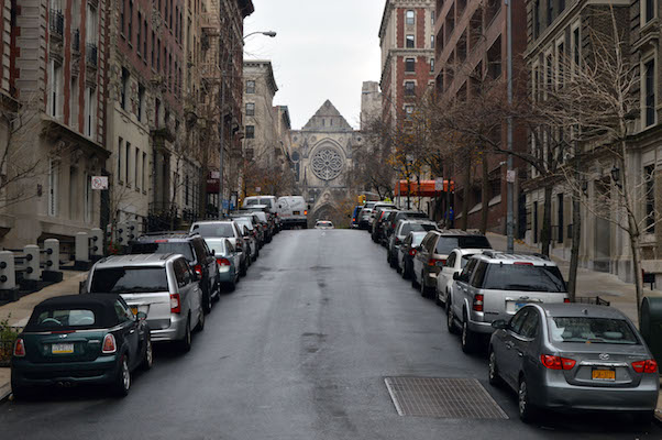 West 112th Street, facing Amsterdam Avenue and the Cathedral Church of St. John the Divine, within the proposed Morningside Heights Historic District. | JACKSON CHEN 