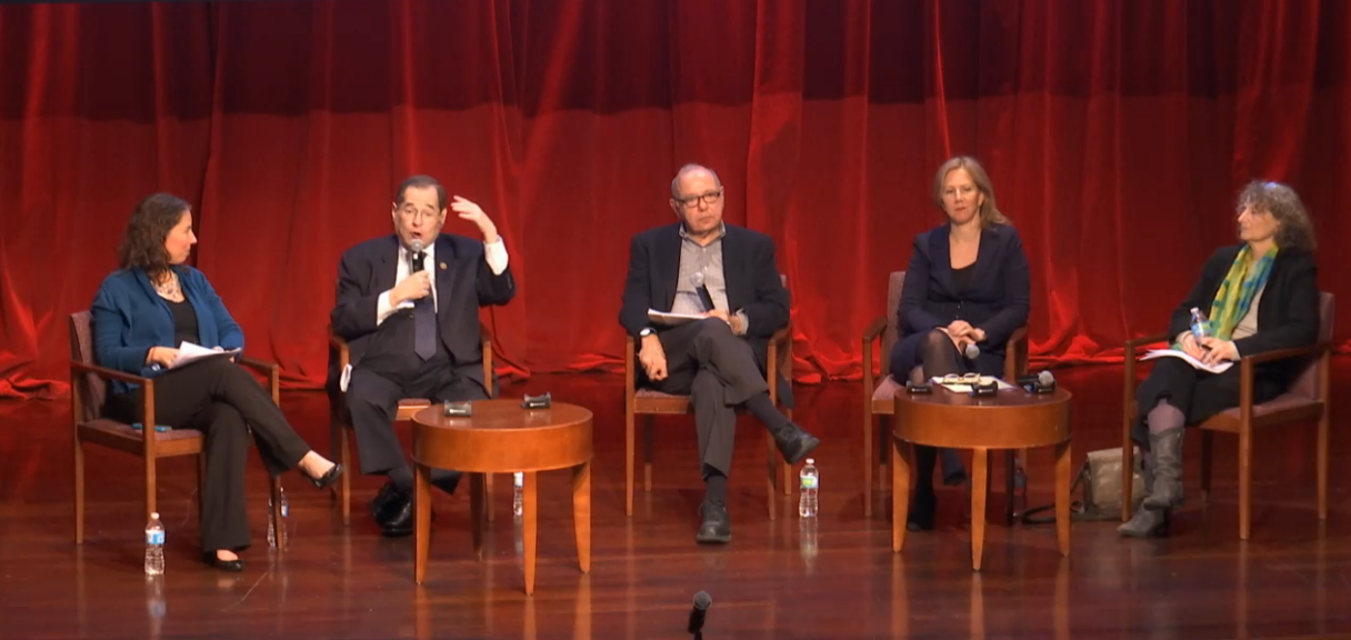 At the “What to Expect From Trump” town hall on Monday, from left, roundtable moderator Julie Kashen, Congressmember Jerrold Nadler, N.Y.U. Law professor Burt Neuborne, Nancy Northup and Donna Lieberman.