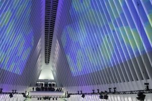 Flipping the light fantastic: Shifting, multicolored light show transforms Oculus interior into work of art 2 Photo by Tony Falcone Visual light artists Susan Holland and Bentley Meeker, originally experimented with using geometric patterns in their Oculus Holiday Lights installation, which runs through the end of the month.