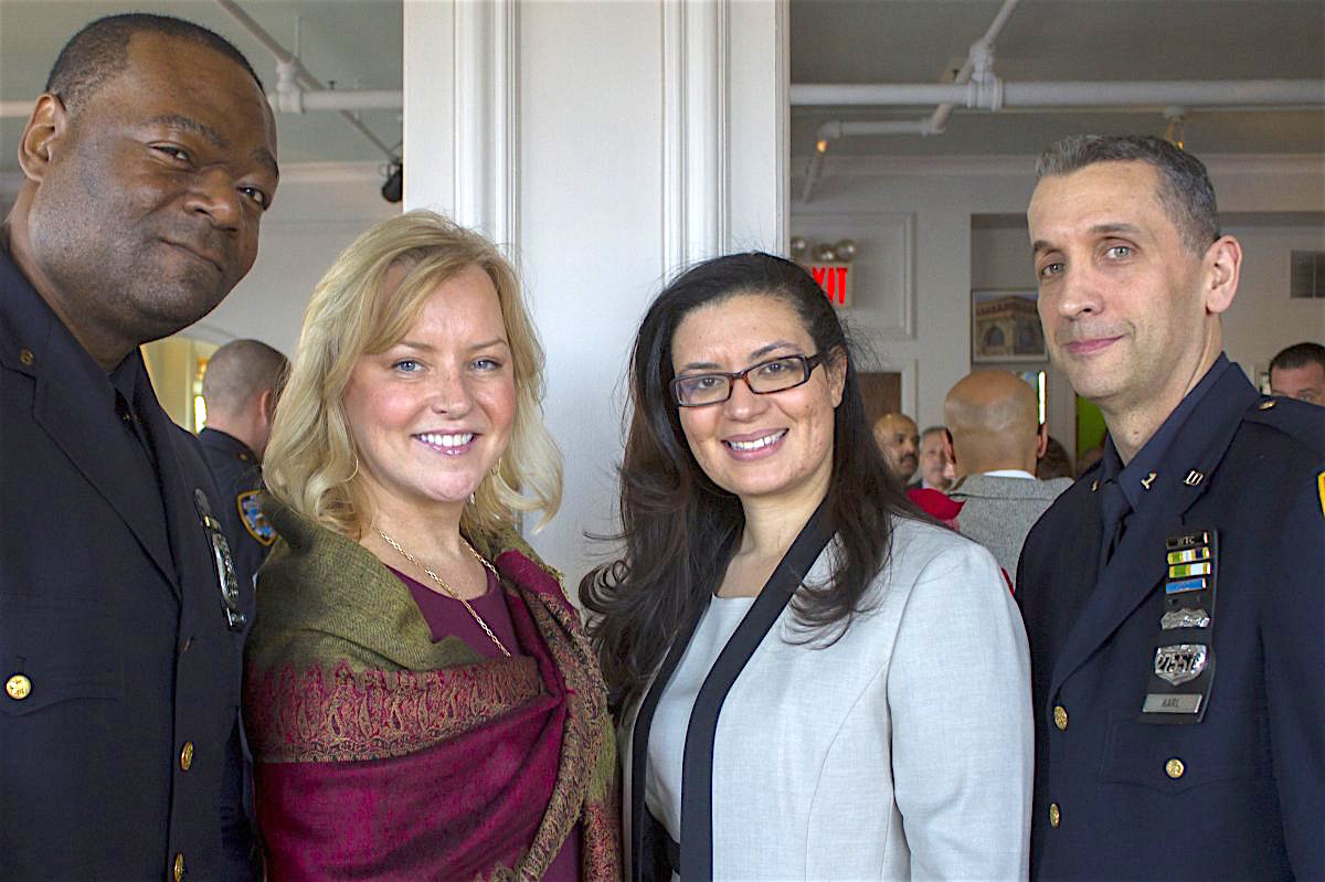 A “hero sandwich” at the G.V.C.C.C. Safe City Safe Streets luncheon, from left, Officer Robert Lewis, Villager Publisher Jennifer Goodstein, Chamber Executive Director Maria Diaz and Officer Robert Karl. Photo by Zach Williams
