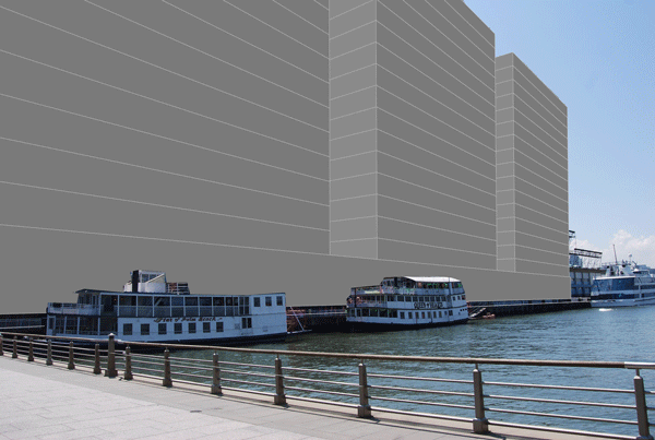 Back in September 2012, when the Hudson River Park Trust was exploring building luxury residential housing and a hotel on Pier 40, a staffer in Assemblymember Deborah Glick’s Office created this computer illustration, giving a rough sense of how Pier 40 could look with 15-story towers added along its northern edge. The Trust is now considering developing commercial office space on the northern and southern edges of Pier 40. Would it be this tall? No one seems to know yet — or at least is not saying so publicly.