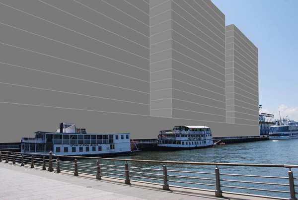 ‘Up in the air’: How big will rebuilt Pier 40 be? 1 Back in September 2012, when the Hudson River Park Trust was exploring building luxury residential housing and a hotel on Pier 40, a staffer in Assemblymember Deborah Glick’s Office created this computer illustration, giving a rough sense of how Pier 40 could look with 15-story towers added along its northern edge. The Trust is now considering developing commercial office space on the northern and southern edges of Pier 40. Would it be this tall? No one seems to know yet — or at least is not saying so publicly.