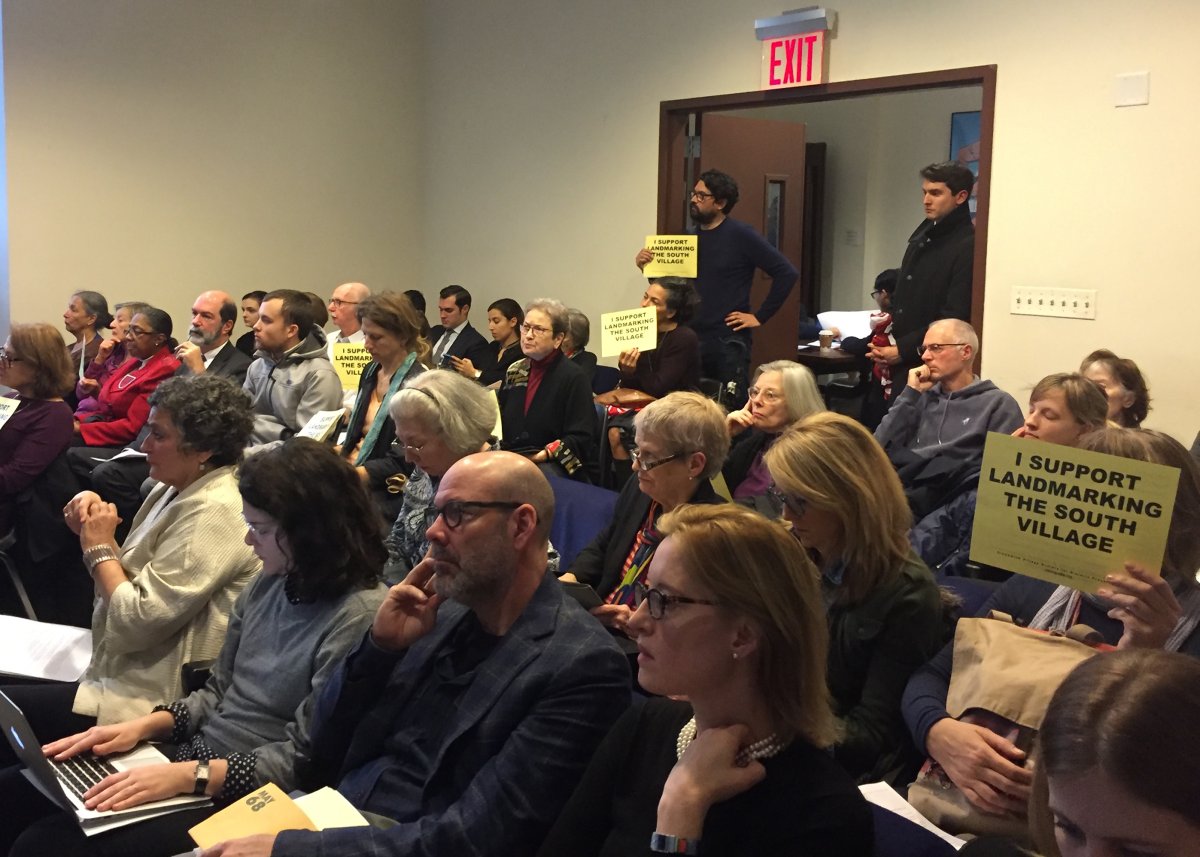About three dozen people turned out for Tuesday’s Landmarks Preservation Commission hearing on the final phase of the proposed South Village Historic District. Most were in favor of designating the district. Photo by Dennis Lynch