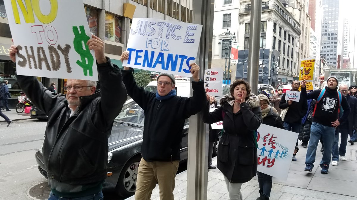 East Village tenants protested and marched on the Upper East Side Tuesday to call out predatory equity lending in real estate, specifically two financial organizations that loaned Raphael Toldedano funding to buy buildings in the Downtown neighborhood. Photo courtesy Cooper Square Committee