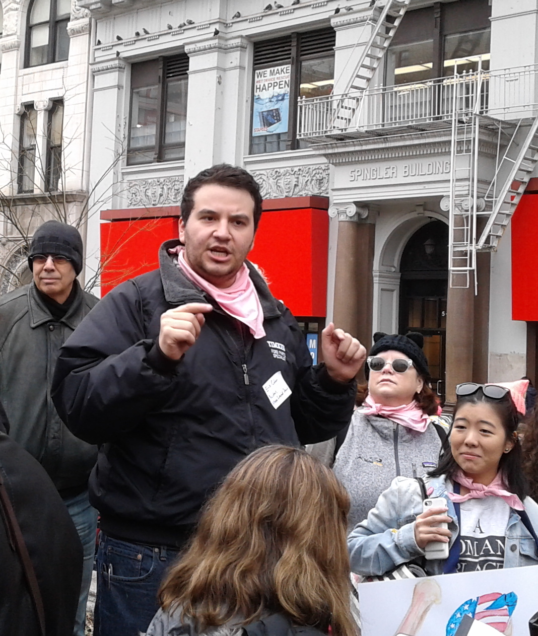 Erik Coler, V.I.D. president, rallies the troops at Union Square before heading up to the Women's March. Photos by Lincoln Anderson
