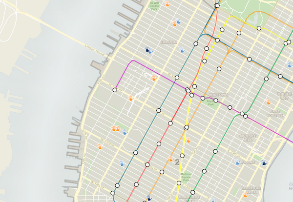 The DOE's Pre-K Finder interactive map lets you see all the program in the neighborhood. Light blue are district school programs, orange are NYCEECs approved by the city, and dark blue are pre-K centers, or standalone programs in district schools. Charter school programs are shown in green, although there are none in the area. Image via DOE.