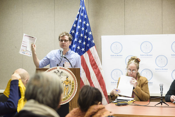 Tenants Stand Tall at Packed Town Hall 2 Brandon Kielbasa of Stand for Tenant Safety and Manhattan Borough President Gale Brewer. Photo by Jordan Rathkopf.
