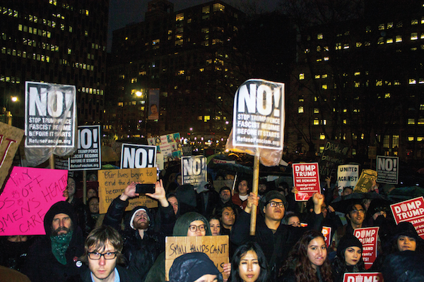 Activists Promise Grassroots Movement to Fight Trump 9 A rally at Foley Square attracted a crowd of 1,000 people who listened to representatives of local grassroots organizations and leftist groups. Photo by Zach Williams.