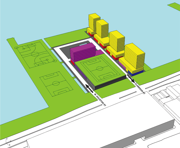 A consultant’s 2012 rendering, showing rudimentary massing studies for how Pier 40 could have been redeveloped with residential housing, a hotel and sports fields. The housing, about 15 stories tall (equal in height to the nearby Morton Square residential development), is depicted in yellow, the hotel (just east of a raised soccer field) in dark magenta, and the sports fields and open space in green. Spaces for the Trust’s operations and offices are in dark purple and medium purple, respectively. Parking is gray, retail is red and where an indoor field might have gone is shown in blue. This plan never got off the drawing board due to lack of local political support. Now, four-and-half years later, the Trust is hoping to be allowed to build commercial office space on the pier, but would need a legislative amendment in Albany to do so. Image courtesy The Villager.