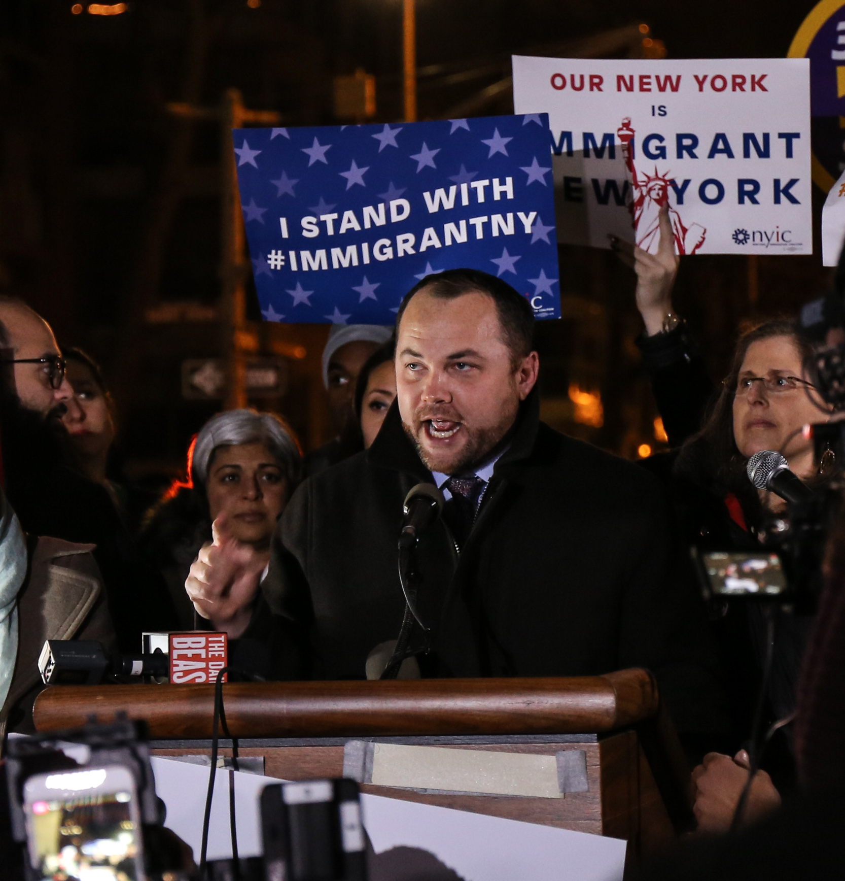 Councilmember Corey Johnson gave a fiery speech, saying that New York City "will be the face of the resistance."