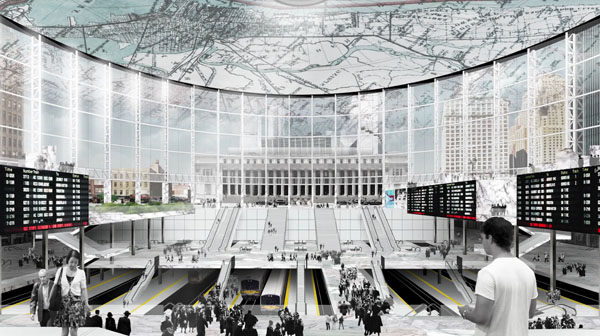A rendering of the interior of Practice for Architecture and Urbanism’s proposed redesign of Penn Station, facing the Farley Post Office, where Madison Square Garden would be relocated. | PRACTICE FOR ARCHITECTURE AND URBANISM 