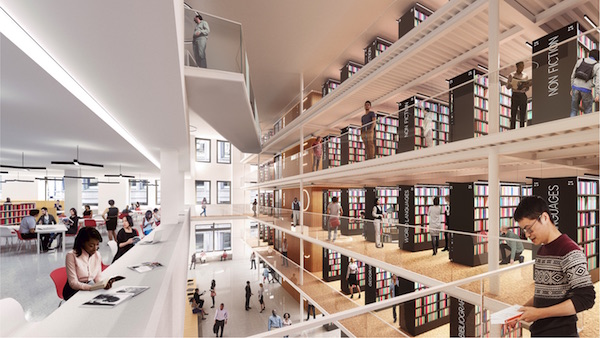 Midtown’s Lending Library Due for 21st Century Overhaul 2 A close-up rendering showing the relationship of open spaces, a light-filled atrium design, and the book stacks on floors two to four. | NEW YORK PUBLIC LIBRARY