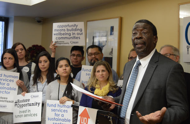 Non-Profit Funding Scramble Shifts from City Hall to Albany 1 Frederick Shack, the CEO of Urban Pathways, at the February 2 press conference. | JACKSON CHEN