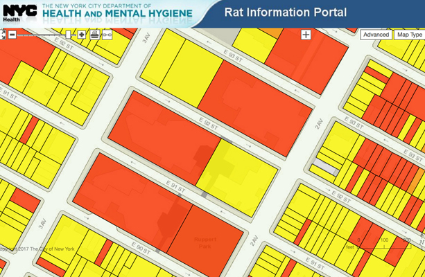 A map available at the city health department’s website shows the intensity of rat infestation in the area bounded by East 90th and 92nd Streets and Second and Third Avenues. | NYC HEATH 