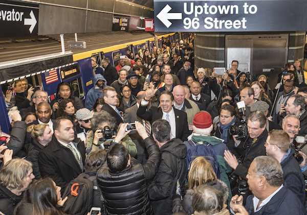The crowds surrounding Governor Andrew Cuomo and MTA chair Thomas F. Prendergast on the January 1 inaugural ride of the Second Avenue Subway hinted at what became respectable first-month ridership numbers. | PATRICK CASHIN/ METROPOLITAN TRANSPORTATION AUTHORITY 