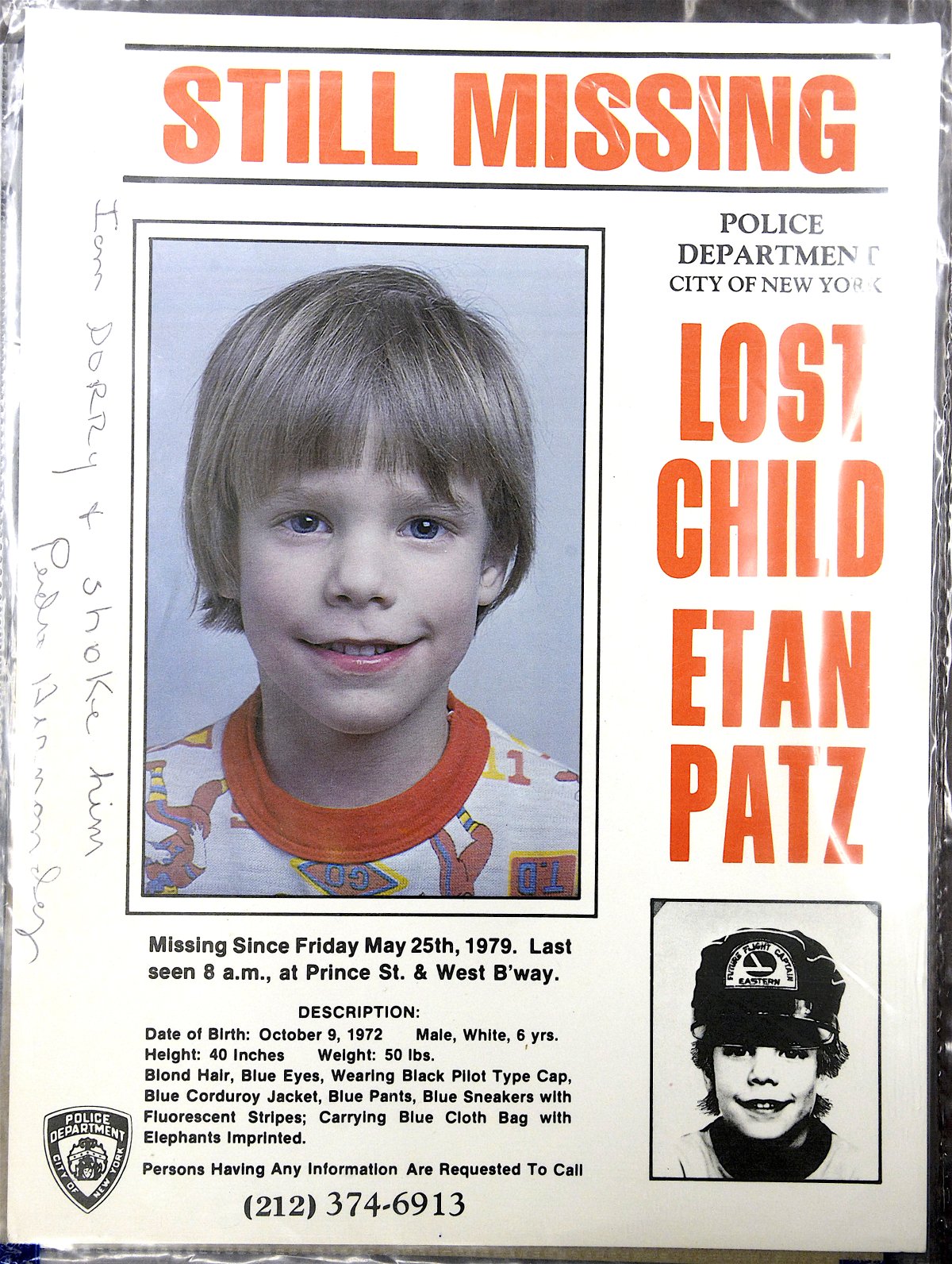An Etan Patz missing poster on which Pedro Hernandez, during his original confession to police, wrote on the left side, “I am sorry I choke him,” then signed it. The poster was entered into evidence in Hernandez’s first court case, which ended in a mistrial last year.