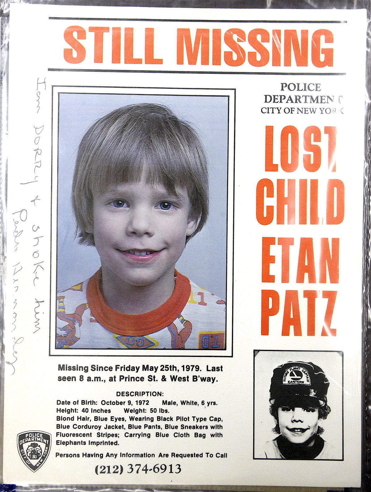 An Etan Patz missing poster on which Pedro Hernandez, during his original confession to police, wrote on the left side, “I am sorry I choke him,” then signed it. The poster was entered into evidence in Hernandez’s first court case, which ended in a mistrial.