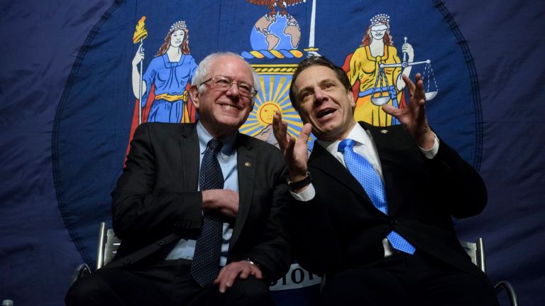 Gov. Andrew M. Cuomo, joined by Sen. Bernie Sanders, pitched a proposal for additional state tuition assistance during an event at LaGuardia Community College in Queens on Tuesday, Jan. 3, 2017. The plan would help pay the cost of SUNY or CUNY tuition for low- and middle-income New Yorkers.