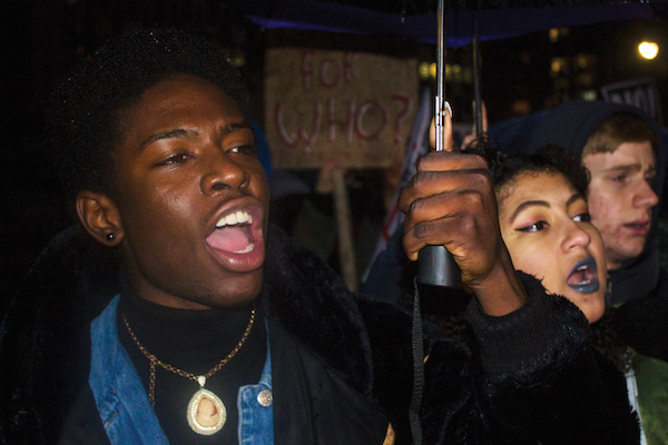 Activists Promise Grassroots Movement to Fight Trump 8 People chanted slogans on Jan. 20 in support of causes such as criminal justice reform, affordable housing and equal rights for LGBTQs and women. Photo by Zach Williams.