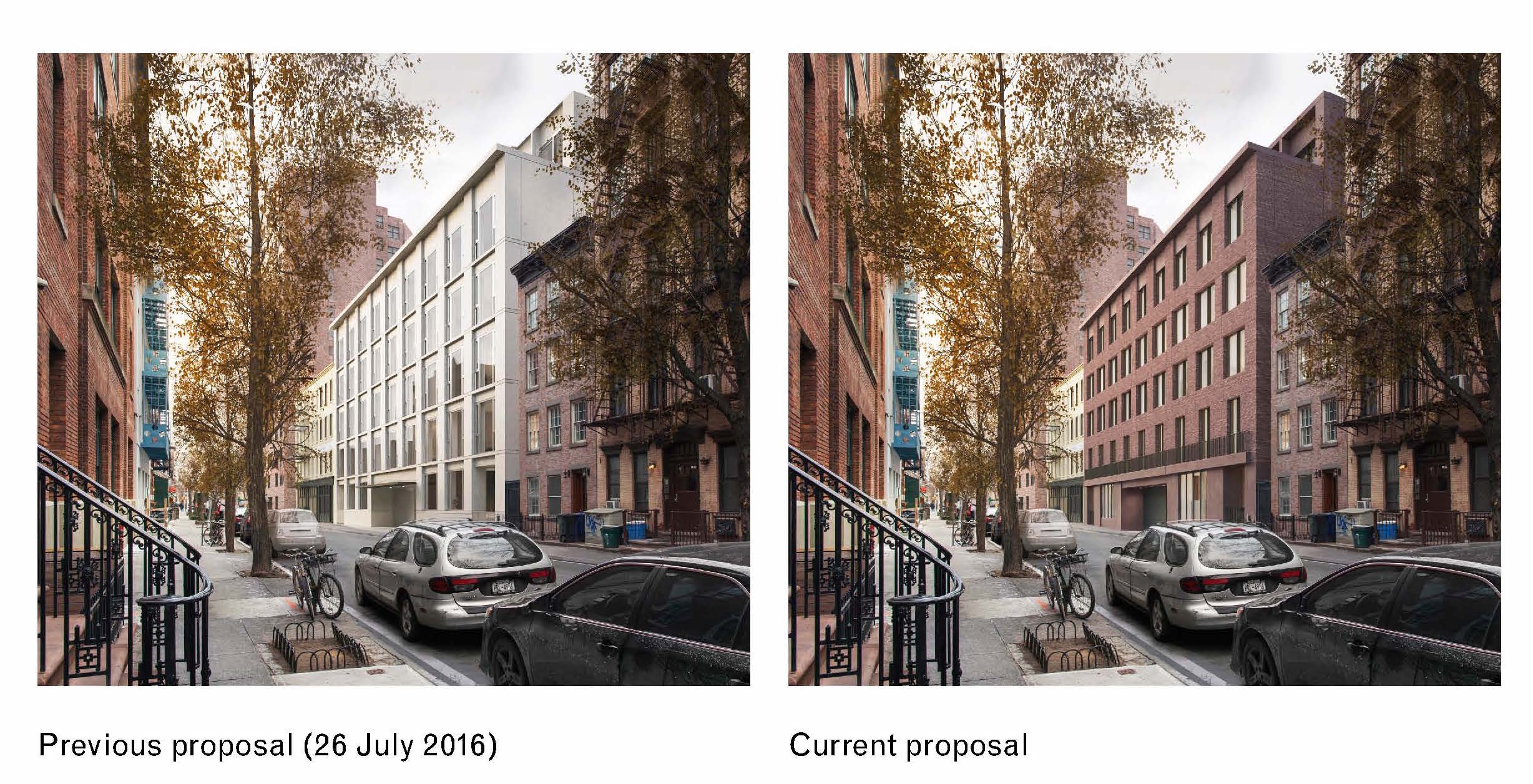 Renderings showing a design for 11 Jane St. from this past July, left, and now, right. One major change is the facade material.