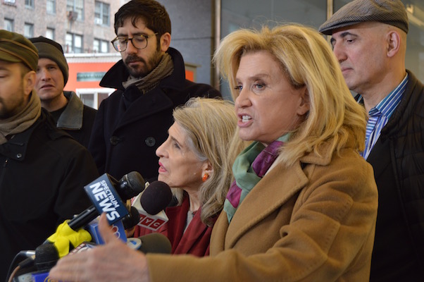 US Representative Carolyn Maloney discussing the Trump administration's commitment to the Second Avenue Subway project at a January 26 press conference. | JACKSON CHEN 