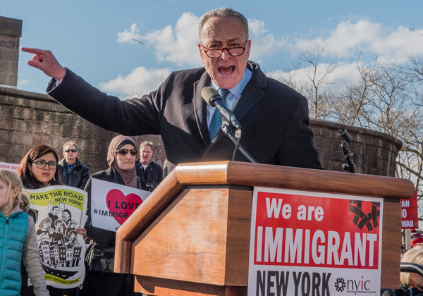 Senator Chuck Schumer addresses the crowd at Battery Park. | MILO HESS 