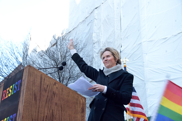 Cynthia Nixon speaks at an LGBTQ rally outside the Stonewall Inn on February 4. | DONNA ACETO 