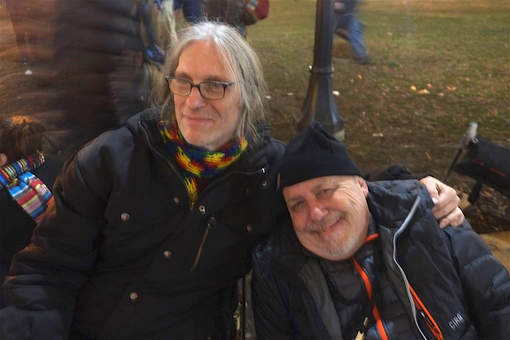 Activist John Penley, right, and East Village radical cartoonist Seth Tobocman at Franklin Square, in Washington, D.C., where Penley co-led an ant-nuclear protest during the inauguration. The two used to be roommates in the East Village.