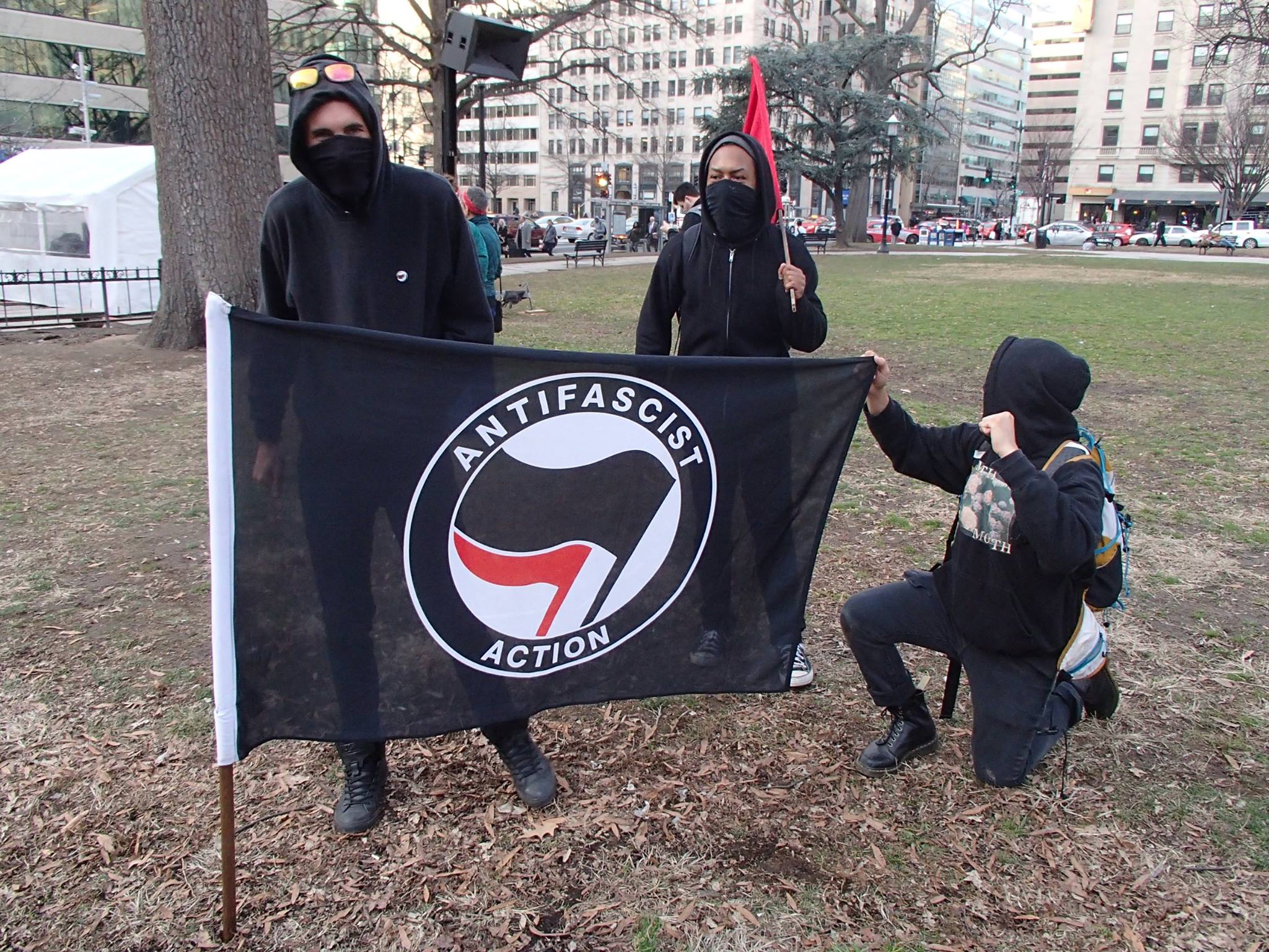 These anarchist Black Bloc guys were just hanging around. But the Franklin Square group's protest was peaceful and they weren't interested in damaging property or disrupting the inauguration — just in making a point about the dangers of nuclear power and weapons.