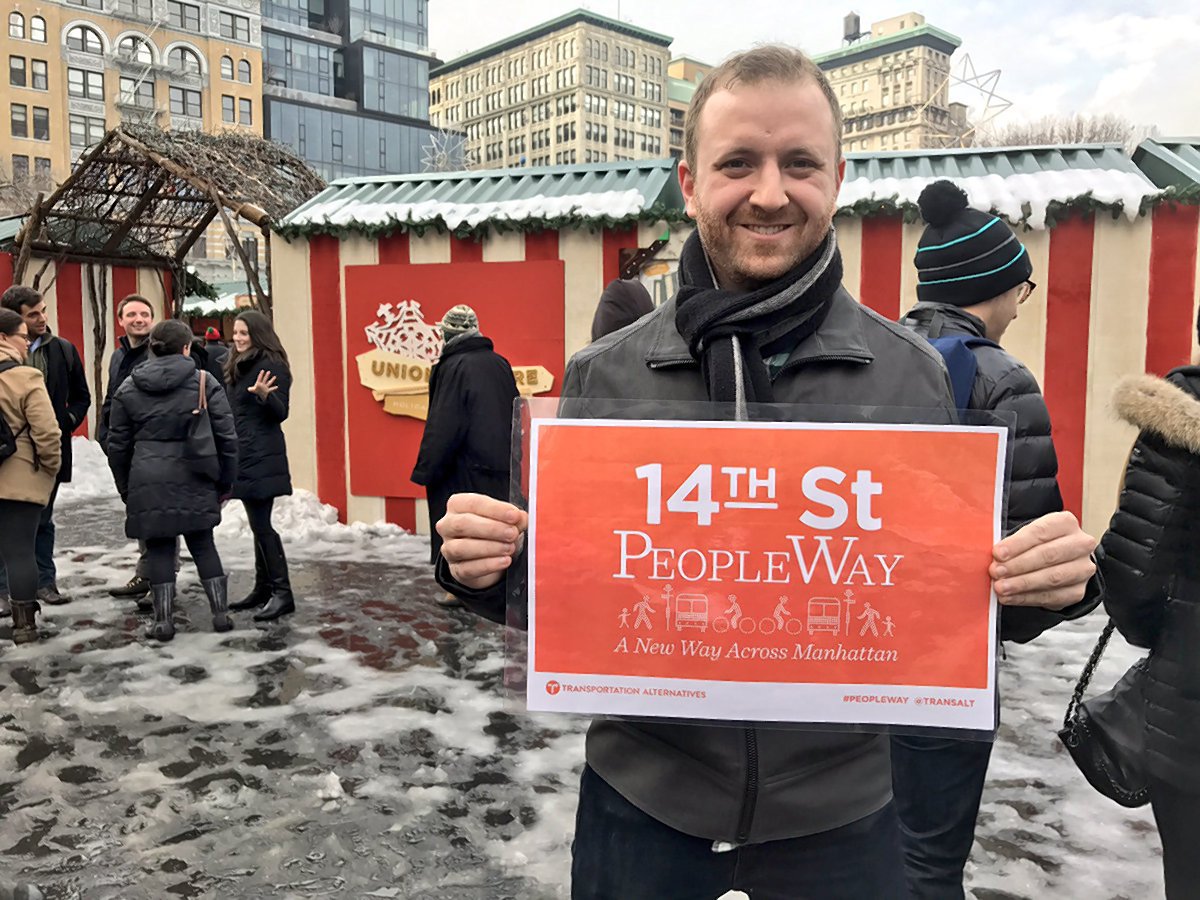 A volunteer for Transportation Alternatives advocating for his group’s "PeopleWay" plan for 14th St. during the coming L train shutdown in Manhattan. The writer claims that during recent community workshops on the issue, T.A. "seeded" tables with its members.