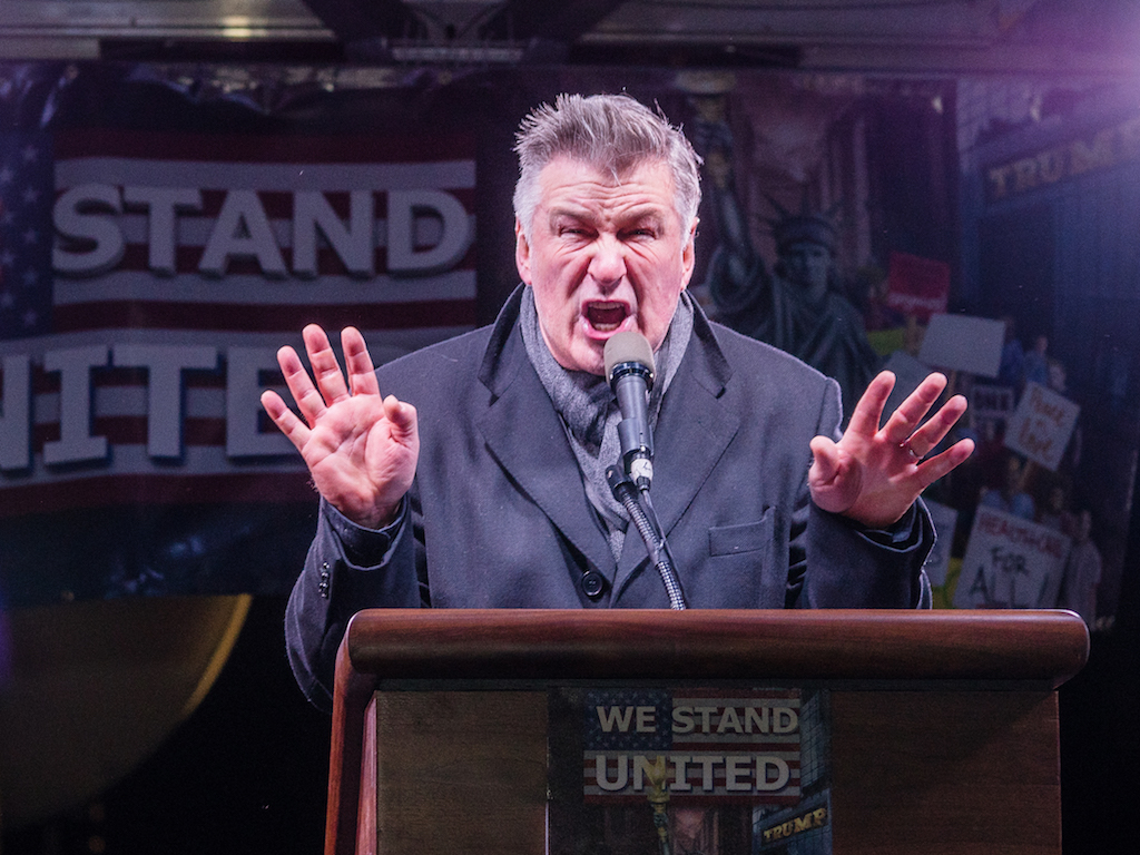 Actor Alec Baldwin doing his "Saturday Night Live" Donald Trump impression at Thursday night's massive rally. Photos by Milo Hess