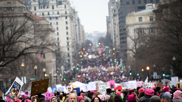 Huddled Mass of Humanity Jams DC at Women’s March 9 Marchers filled the Washington's broad thoroughfares, including Constitution Avenue. | DONNA ACETO