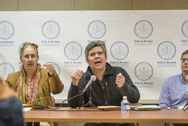 Residents Speak Out on Construction As Harassment 2 Borough president Gale Brewer and St. Nicks Alliance’s Rolando Guzman. | JORDAN RATHKOPF