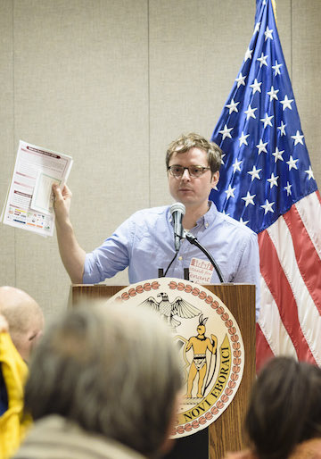 Residents Speak Out on Construction As Harassment 1 Brandon Kielbasa of Stand for Tenant Safety and Borough President Gale Brewer. | JORDAN RATHKOPF