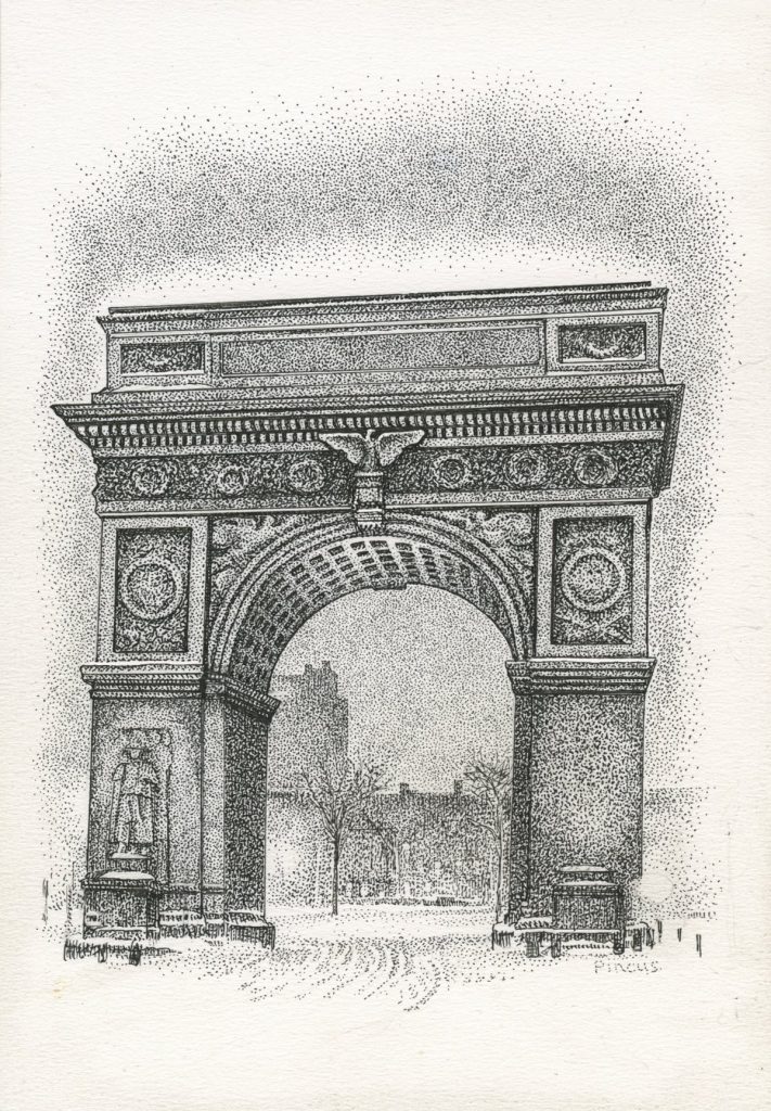 There was only one statue of George Washington on the Washington Square Arch in January 1917. The statue of Washington as Commander in Chief by Hermon A. MacNeil was installed in 1916. The statue of Washington as President by A. Stirling Calder (father of Alexander) was not installed until 1918. Illustration by Harry Pincus