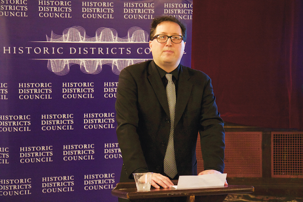 Historic Districts Council Executive Director Simeon Bankoff addresses a crowd of excited preservation advocates at the HDC’s Six to Celebrate event. Photo by Dennis Lynch.