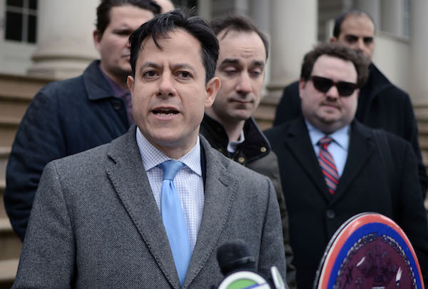 City Councilmember Dan Garodnick at a Feb. 13 City Hall rally aimed at building support for reform of the commercial rent tax levied on businesses in Manhattan below 96th St. Photo by Jackson Chen