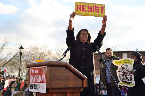 Trump's Travel Ban Challenged in Courts, Airports, Streets, Squares 8 Public Advocate Letitia James in Battery Park. Photo by Donna Aceto.