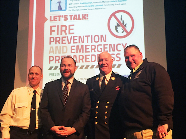Seminar Says: In Case of Emergency, Break Out Your Plan 1 L to R: FDNY Lieutenant Michael Kozo, Councilmember Corey Johnson, FDNY Deputy Assistant Chief Michael Gala and OEM Deputy Commissioner of Operations Frank McCarton. Photo by Dennis Lynch.