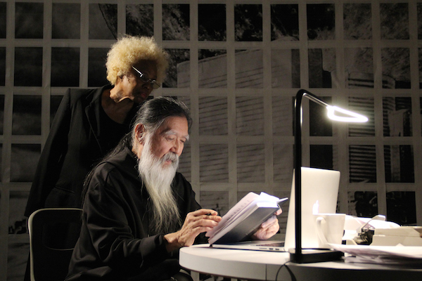 Playwright Robert Patrick’s decades-old, disturbingly predictive work gets the multi-media, post-“Matrix” treatment. L to R: Valois Mikens and Agosto Machado. Photo by Minji Lee.