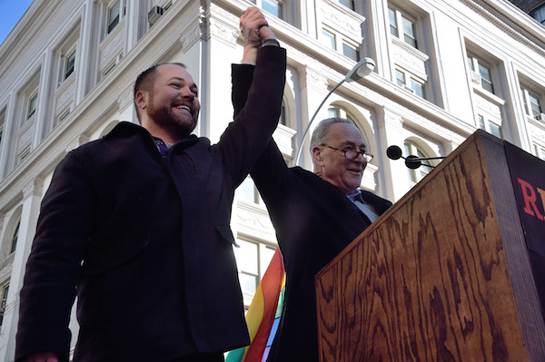 Thousands Rally at Stonewall Against Trump Immigration Ban 7 Senator Chuck Schumer with City Councilmember Corey Johnson. Photo by Donna Aceto.