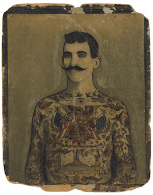 Augustus “Gus” Wagner: “Self-Portrait, Tattoo Flash” ca. 1910-1930 (photographic print, ink, cardboard). Courtesy Seaport Museum/Govenar & Doolin Collection.